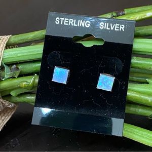 925 Sterling Silver Blue Opal Square Small Stud Earrings